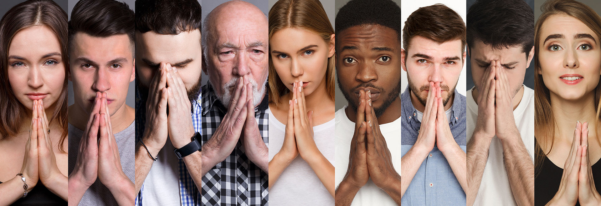 7 vertical images sliced together of diverse people praying